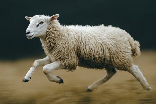 Sheep runs energetically across a grassy field during the day under a clear sky