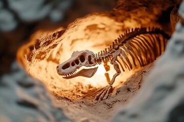 Naklejka premium An ancient dinosaur skeleton emerges from a cave wall, softly lit by torchlight. The warm glow enhances the mystery, highlighting the remarkable preservation of prehistoric life