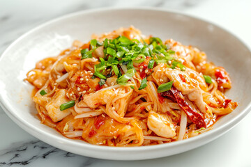Delicious spicy chicken noodles stir fry with sesame seeds and green onions hot eat food meal dish