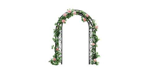 Ornate arch with pink roses and green leaves isolated on transparent background
