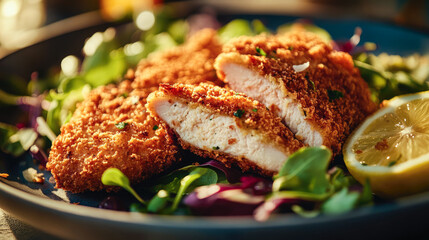 Delicious fried sliced wiener schnitzel on a plate with salad and lemon. Close up. Austrian restaurant menu, recipe. crispy juicy breaded chicken cutlets
