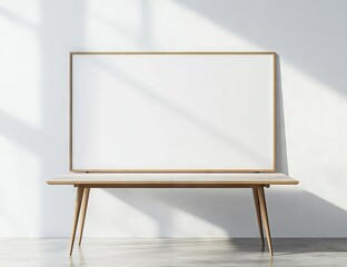 Empty light-filled modern room with a blank wooden framed canvas on a table