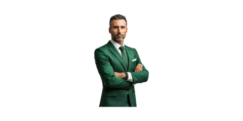 Man in green suit with crossed arms isolated on transparent background