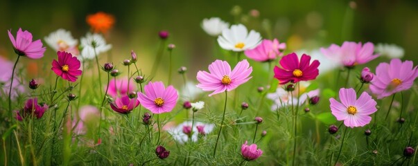Fototapeta premium Vibrant pink and white cosmos flowers blooming in a lush garden