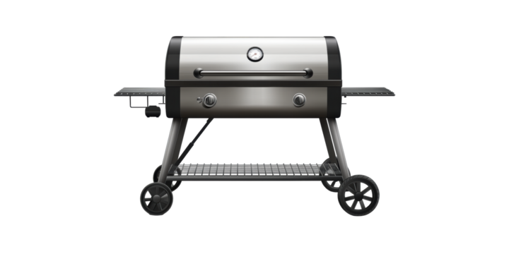 Metal charcoal grill with thermometer and wheels isolated on transparent background