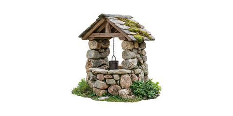 Rustic stone well with moss-covered roof isolated on transparent background