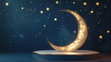 Naklejka premium 3D Ramadhan podium is placed on a crescent moon platform Show soft glowing stars in the background Use royal blue, gold, and ivory colors Vibrant color
