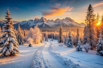 Winter Wonderland &ndash; Snowy Mountain Landscape at Sunset