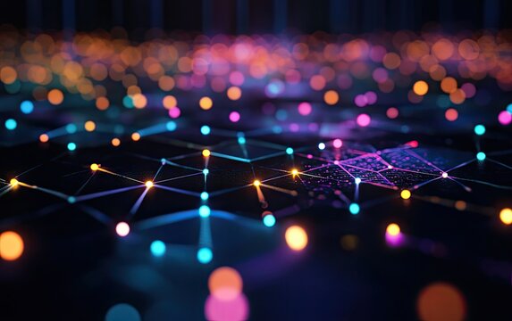 Futuristic network of glowing interconnected nodes.  A vibrant display of data connections, with various shades of bright colors and detailed lines - Powered by Adobe