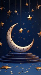 Naklejka premium 3D Ramadhan podium is placed on a crescent moon platform Show soft glowing stars in the background Use royal blue, gold, and ivory colors Vibrant color