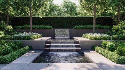 Obraz premium Modern, landscaped garden with a tiered water feature. Lush greenery, neatly trimmed hedges, and a contemporary water cascade create a serene oasis