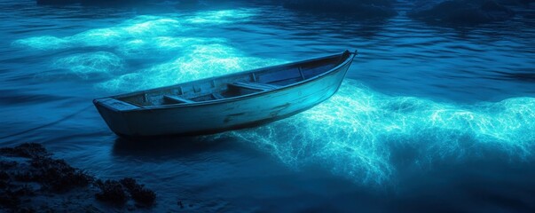 Fototapeta premium Wooden rowboat on luminous bioluminescent ocean water at night in peaceful seascape