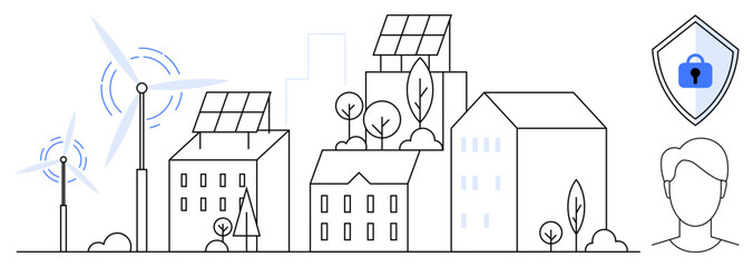 Buildings with solar panels, wind turbines, trees, shield with lock, and human silhouette. Ideal for smart home technology, renewable energy, urban planning, sustainability security eco-friendly