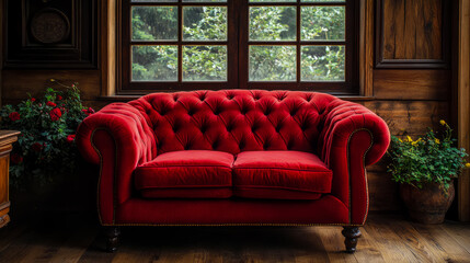 Victorian Era: A Plush Red Settee By Window with Nature View, Interior Decor