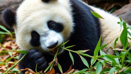 Obraz premium Large panda munching bamboo, leaves scattered, fur, woodland