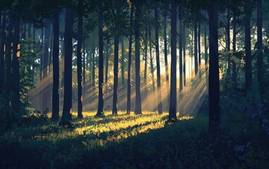 Obraz premium Sunlight streams through a dense forest