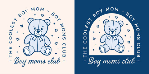 Boy mom club the coolest best mama shirt design pastel navy blue aesthetic quotes for mothers day printable card gift. Preppy coquette teddy bear cute stuffed toy retro vintage text illustration.