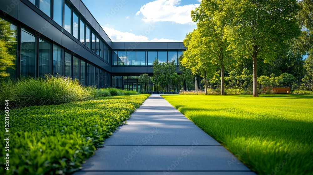 Poster a serene pathway lined with vibrant grass leads to a sleek building. sunlight enhances the refreshin