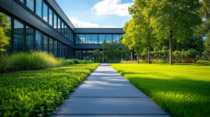 Fototapeta premium A serene pathway lined with vibrant grass leads to a sleek building. Sunlight enhances the refreshing greenery, creating a tranquil atmosphere on a warm day