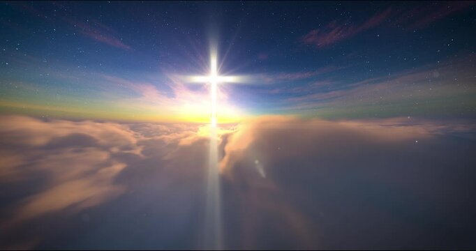 Luminous cross on blue starry sky and moving clouds. Easter, resurrection, new life, redemption concept. 4k