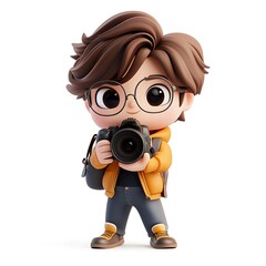Adorable Cartoon Boy Photographer with Camera, 3D Render, Child Photography