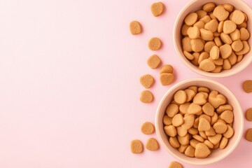 Modern Pet Food Composition Displayed in Two Ceramic Bowls on a Pink Background With Scattered Pieces