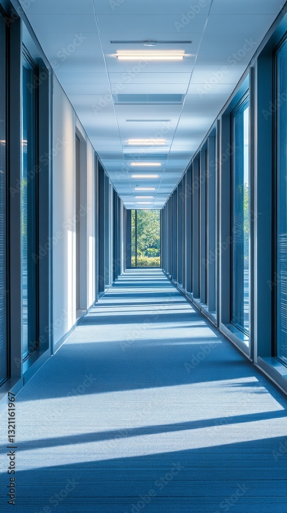 Poster bright sunlight streams through large windows in a well-designed office corridor, highlighting the s