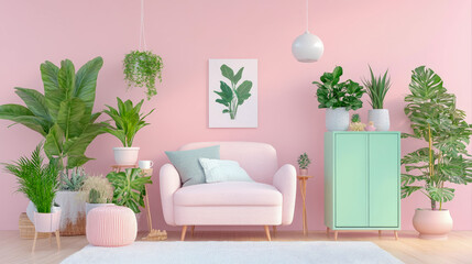 Boho Chic Interior with Armchair and Plants: A serene pastel pink living space showcasing a soft armchair amidst lush indoor greenery.