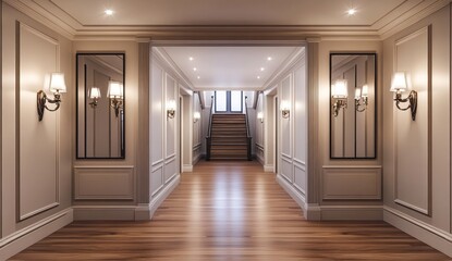 Luxurious hall with stairs, mirrors, and lighting