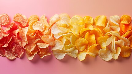Colorful Assortment of Crispy Potato Chips on Gradient Background Perfect for Snack and Food Photography