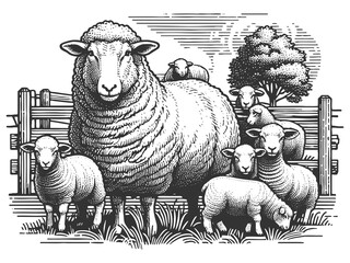 Sheep in Pasture raster illustration