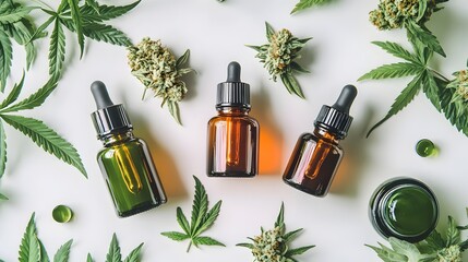 Artistic arrangement of organic cannabis products featuring cannabis oil bottles and vibrant cannabis buds