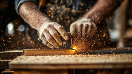 A skilled carpenter focuses on making precise cuts with a miter saw, showcasing the saw blade and the clean edge of the wood trim. The workshop radiates warmth and artistry