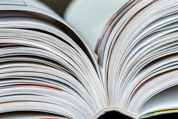 A detailed close-up of an open book with slightly curved white pages showing depth and texture

