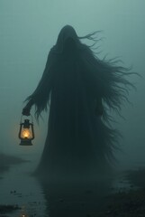 Cloaked figure with lantern by water