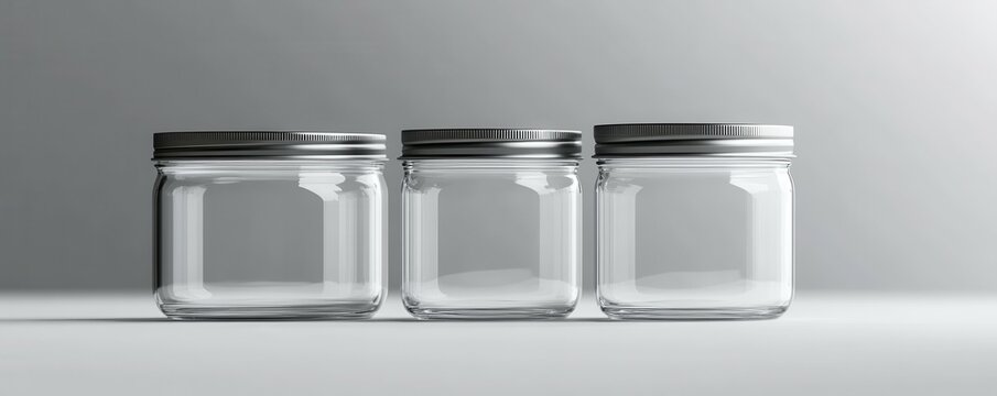 Three empty glass jars with metal lids on gray background in a row
