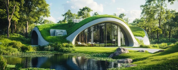Fototapeta premium Eco-friendly modern house with green roof by peaceful pond in lush forest setting
