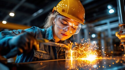 Wearing safety gear, a young woman diligently works on a welding project in a busy industrial workshop, surrounded by tools and equipment, as sparks illuminate her focused efforts