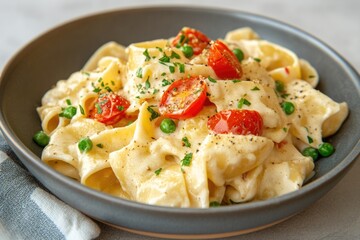 Herb Infused Pasta Primavera With Cherry Tomatoes and Peas Served in a Stylish Bowl