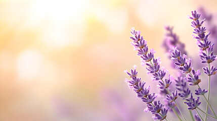 Naklejka premium Lavender flowers in soft golden sunlight with a blurred warm background. A perfect nature-inspired image for aromatherapy, wellness branding, and relaxation concepts. Selective focus