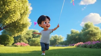 Happy Boy Runs with Colorful Kite in Sunny Park: A 3D Animated Scene of Playful Childhood Joy