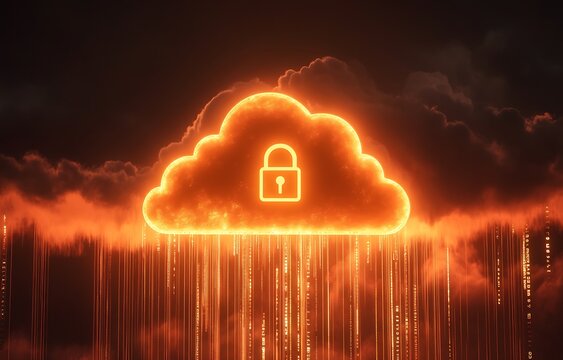 Secure Cloud Computing Fiery Orange Cloud with Padlock and Data Stream