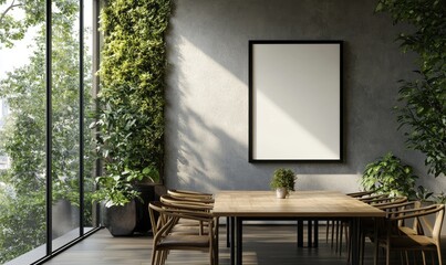 Modern, minimalist dining area with large windows and a vertical garden.  Natural light streams in, highlighting the simple wooden table and chairs