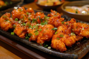 Fototapeta premium Close-up of korean fried chicken in bowl. AI generated