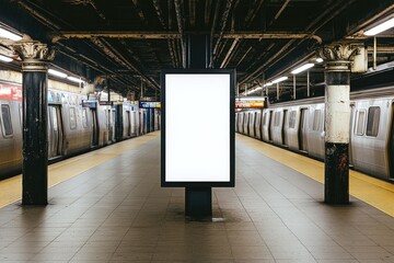 Blank advertising billboard in a city subway station.  Inside a modern urban transit system