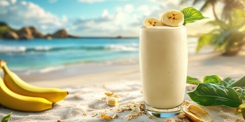 Banana smoothie with fresh bananas and oats on the beach in sunny weather by the ocean