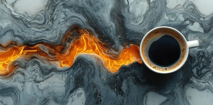 A coffee cup sits on a marbled surface, with a striking fiery line flowing through, creating a dynamic contrast between warmth and coolness.