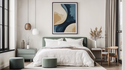 Generative AI, Minimalist Contemporary Bedroom with Abstract Art and Cozy Textures