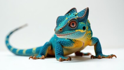 Obraz premium Striking blue and yellow panther chameleon, white backdrop , Chameleon, green