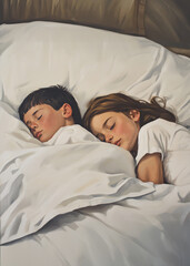 Children Sleeping Peacefully in Bed Together Under White Sheets Artwork